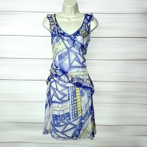Diane Von Furstenberg Silk Chiffon Dress Blue Yellow Ivory Sleeveless US 2